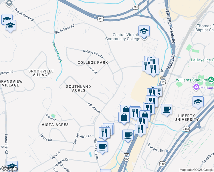map of restaurants, bars, coffee shops, grocery stores, and more near 120 Havenwood Drive in Lynchburg