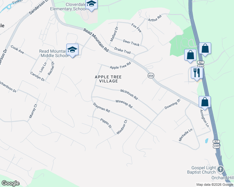 map of restaurants, bars, coffee shops, grocery stores, and more near 193 McIntosh Road in Roanoke
