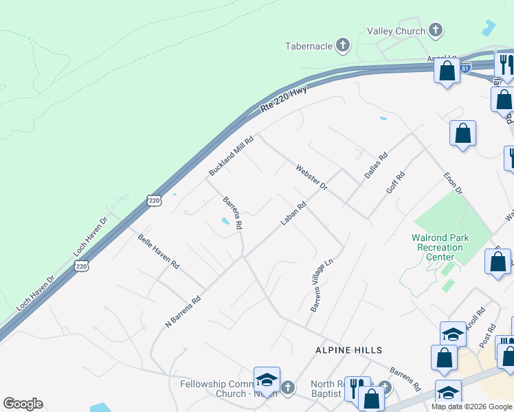 map of restaurants, bars, coffee shops, grocery stores, and more near 6614 Sherry Rd in Roanoke
