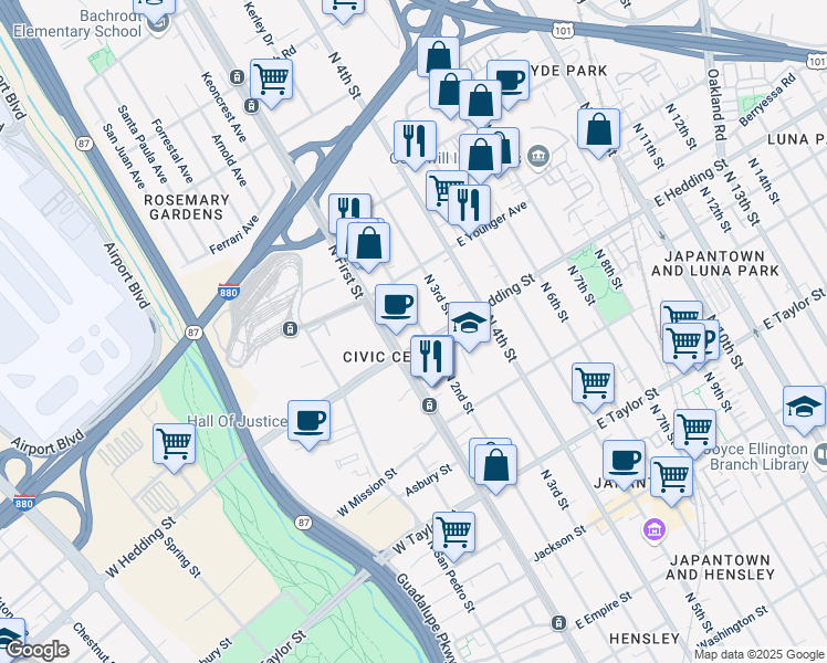 map of restaurants, bars, coffee shops, grocery stores, and more near 939 North 2nd Street in San Jose