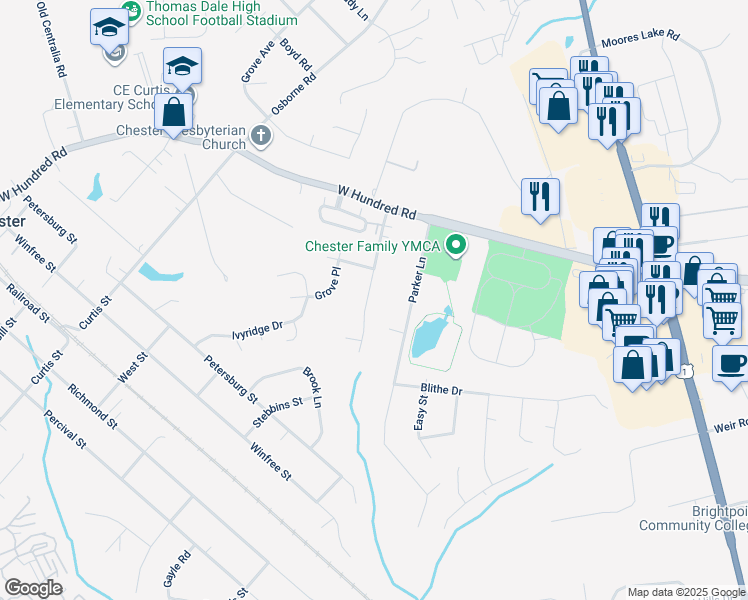 map of restaurants, bars, coffee shops, grocery stores, and more near 12325 Mason Avenue in Chester