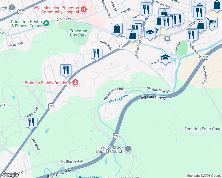 map of restaurants, bars, coffee shops, grocery stores, and more near 29 Old Bluefield Road in Princeton