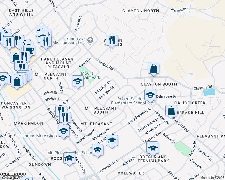 map of restaurants, bars, coffee shops, grocery stores, and more near 3378 Mount Logan Drive in San Jose
