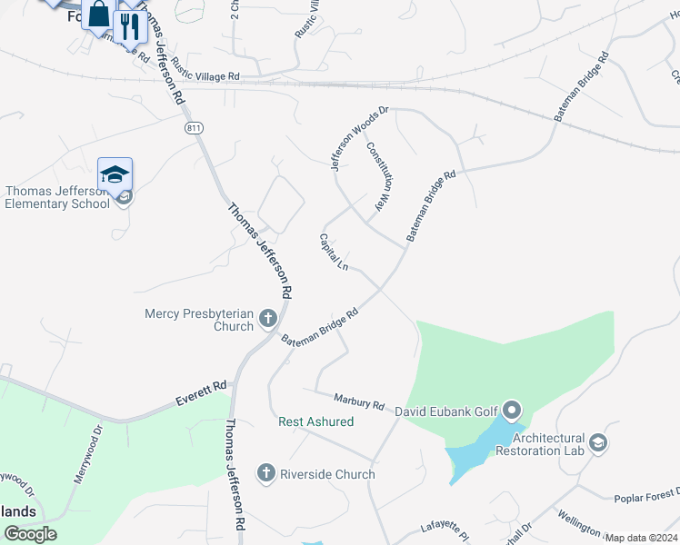 map of restaurants, bars, coffee shops, grocery stores, and more near 401 Capital Lane in Forest