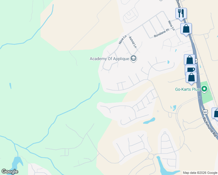 map of restaurants, bars, coffee shops, grocery stores, and more near 6900 Arthur Hills Drive in Williamsburg