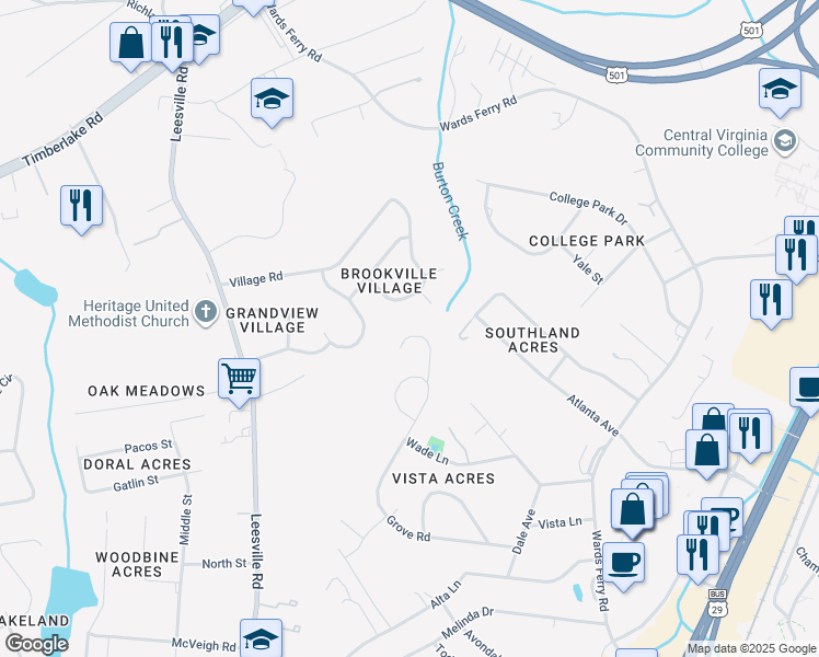 map of restaurants, bars, coffee shops, grocery stores, and more near 207 Stonehouse Drive in Lynchburg