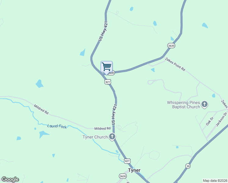 map of restaurants, bars, coffee shops, grocery stores, and more near 11018 U.S. 421 in Tyner