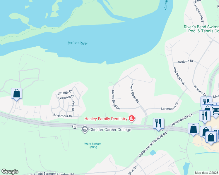map of restaurants, bars, coffee shops, grocery stores, and more near 404 Rivers Bend Circle in Chester