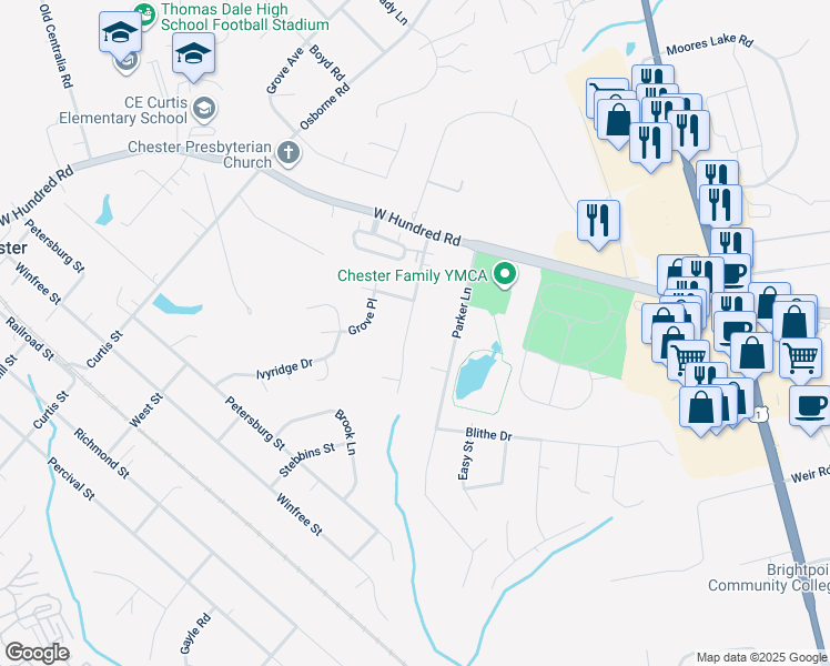 map of restaurants, bars, coffee shops, grocery stores, and more near 12325 Mason Avenue in Chester