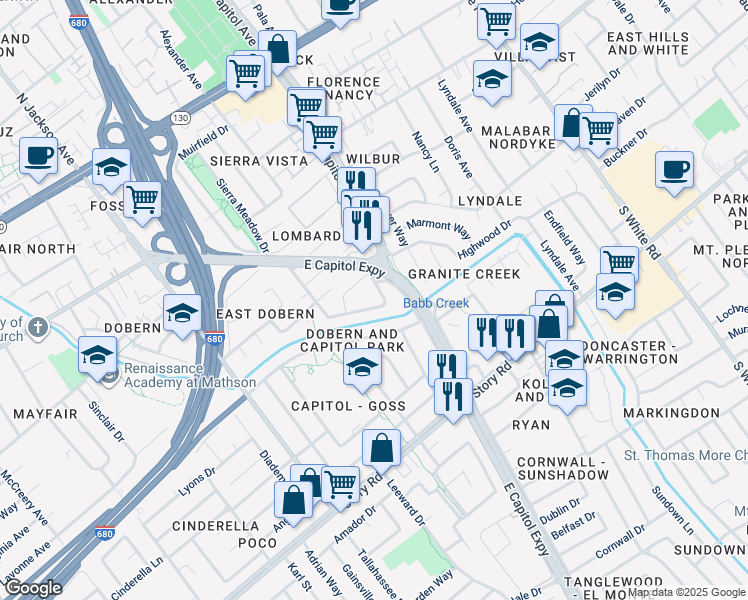 map of restaurants, bars, coffee shops, grocery stores, and more near 2631 Pendragon Lane in San Jose