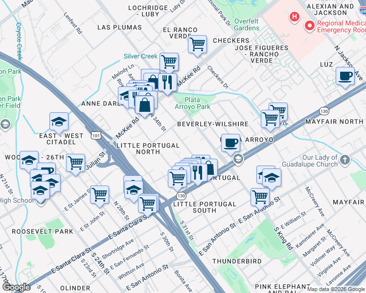 map of restaurants, bars, coffee shops, grocery stores, and more near 145 North 34th Street in San Jose