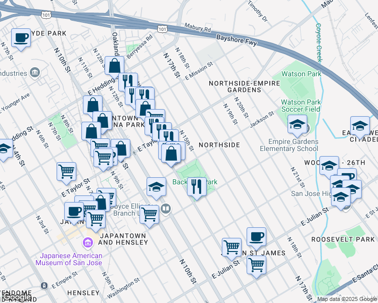 map of restaurants, bars, coffee shops, grocery stores, and more near 644 North 14th Street in San Jose