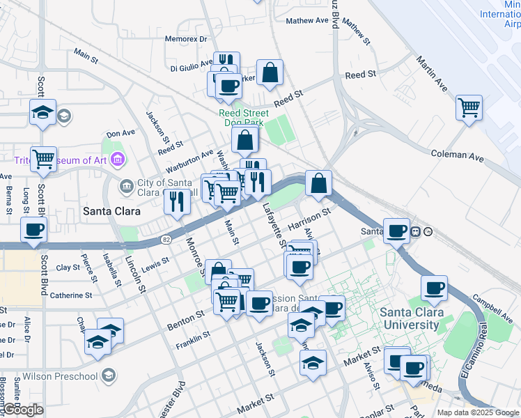 map of restaurants, bars, coffee shops, grocery stores, and more near 1425 Lafayette Street in Santa Clara