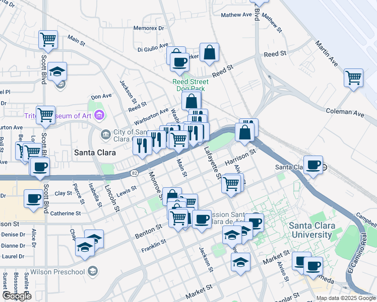 map of restaurants, bars, coffee shops, grocery stores, and more near in Santa Clara