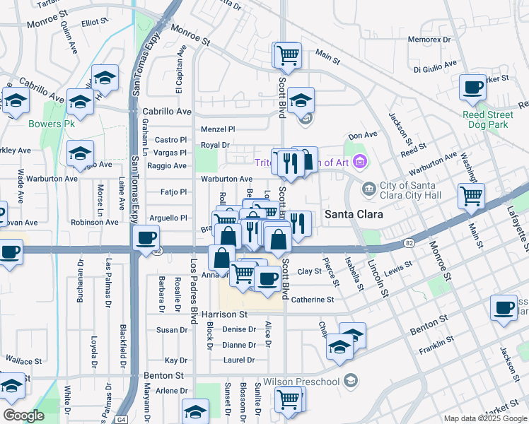 map of restaurants, bars, coffee shops, grocery stores, and more near 1687 Long Street in Santa Clara