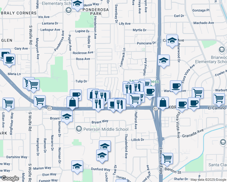 map of restaurants, bars, coffee shops, grocery stores, and more near 1201 Sycamore Terrace in Sunnyvale