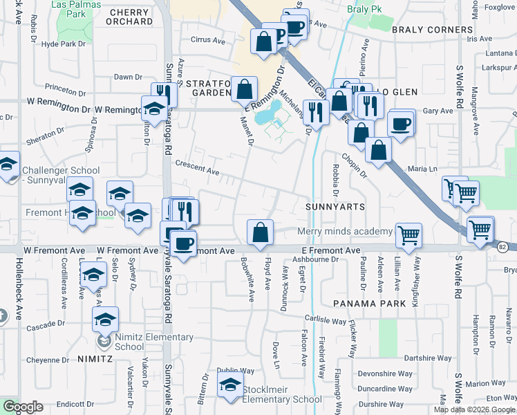 map of restaurants, bars, coffee shops, grocery stores, and more near 1222 Matisse Court in Sunnyvale