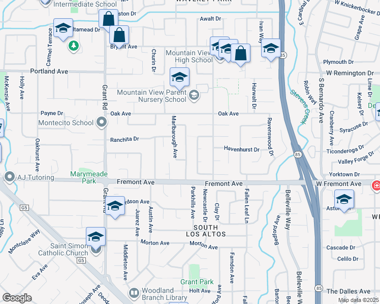 map of restaurants, bars, coffee shops, grocery stores, and more near 1511 Queensbury Avenue in Los Altos