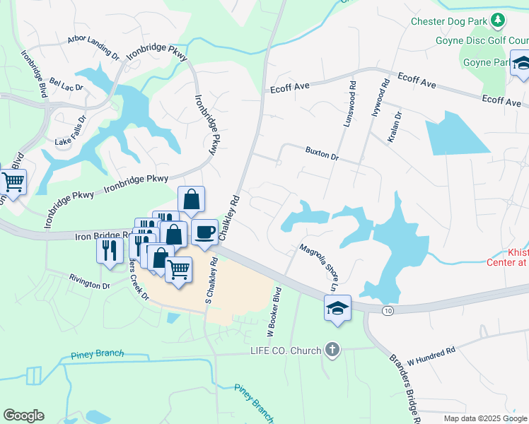 map of restaurants, bars, coffee shops, grocery stores, and more near 5931 Magnolia Cove Circle in Chester