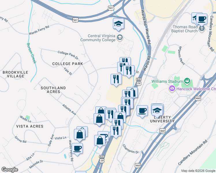 map of restaurants, bars, coffee shops, grocery stores, and more near 3814 Wards Road in Lynchburg
