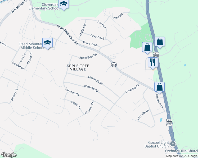map of restaurants, bars, coffee shops, grocery stores, and more near 269 McIntosh Road in Roanoke