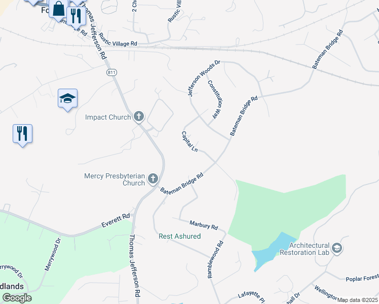 map of restaurants, bars, coffee shops, grocery stores, and more near 307 Capital Ln in Forest