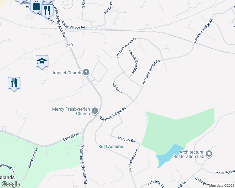 map of restaurants, bars, coffee shops, grocery stores, and more near 307 Capital Ln in Forest