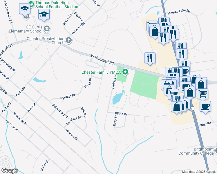 map of restaurants, bars, coffee shops, grocery stores, and more near 12312 Parker Lane in Chester