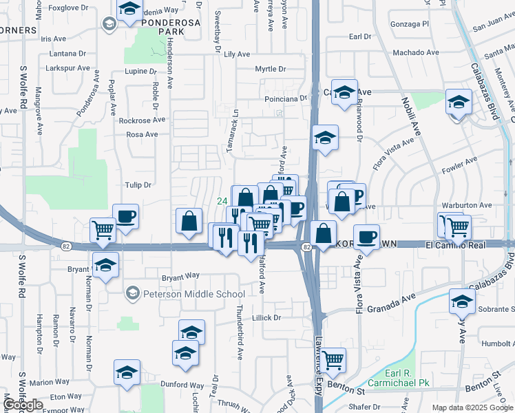 map of restaurants, bars, coffee shops, grocery stores, and more near 1700 Halford Avenue in Santa Clara