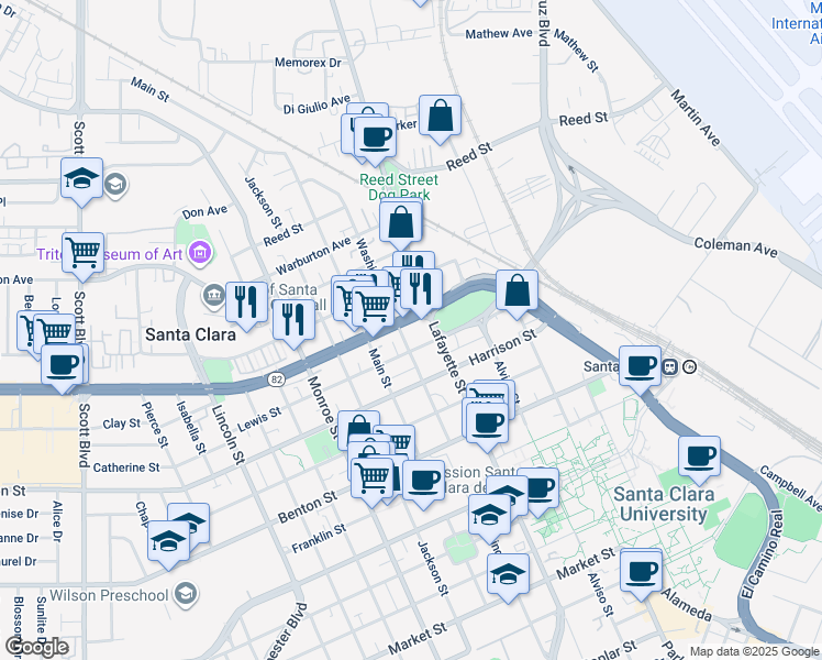 map of restaurants, bars, coffee shops, grocery stores, and more near in Santa Clara