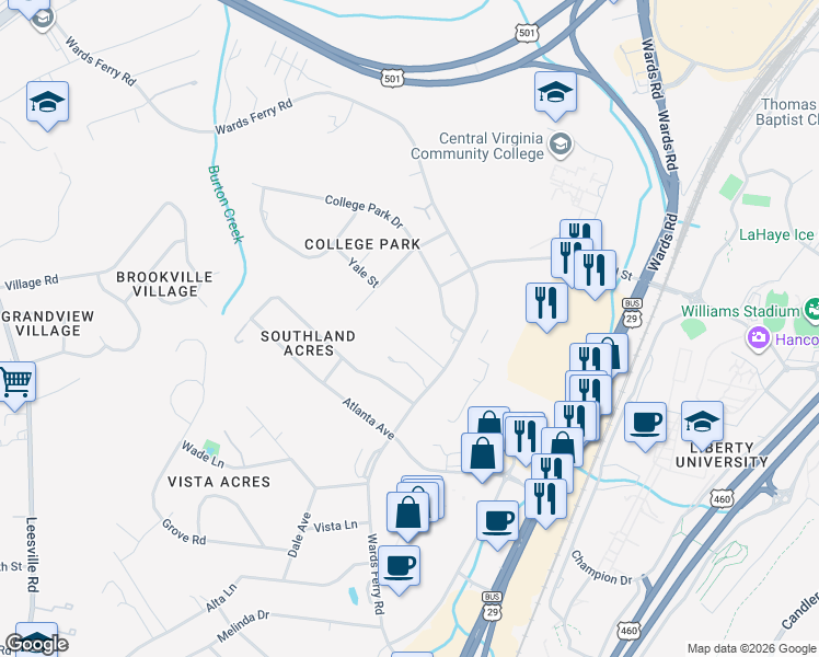 map of restaurants, bars, coffee shops, grocery stores, and more near 120 Havenwood Drive in Lynchburg