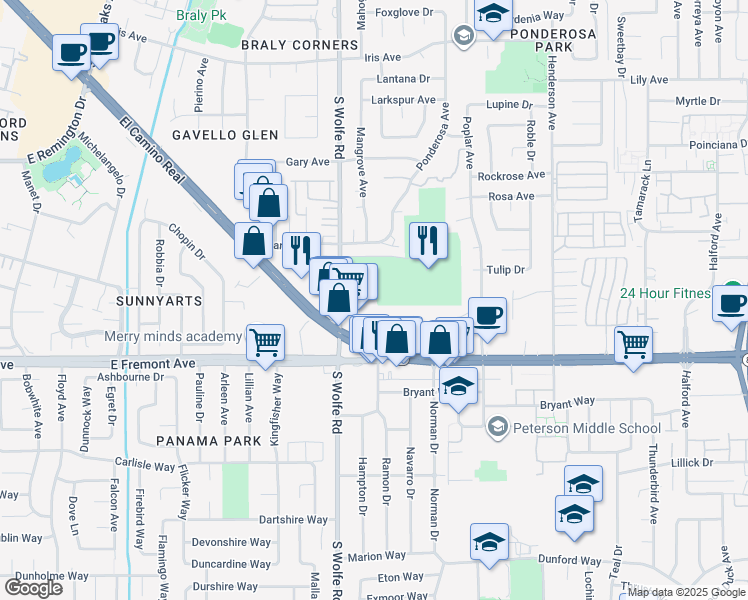 map of restaurants, bars, coffee shops, grocery stores, and more near 905 Sunrose Terrace in Sunnyvale