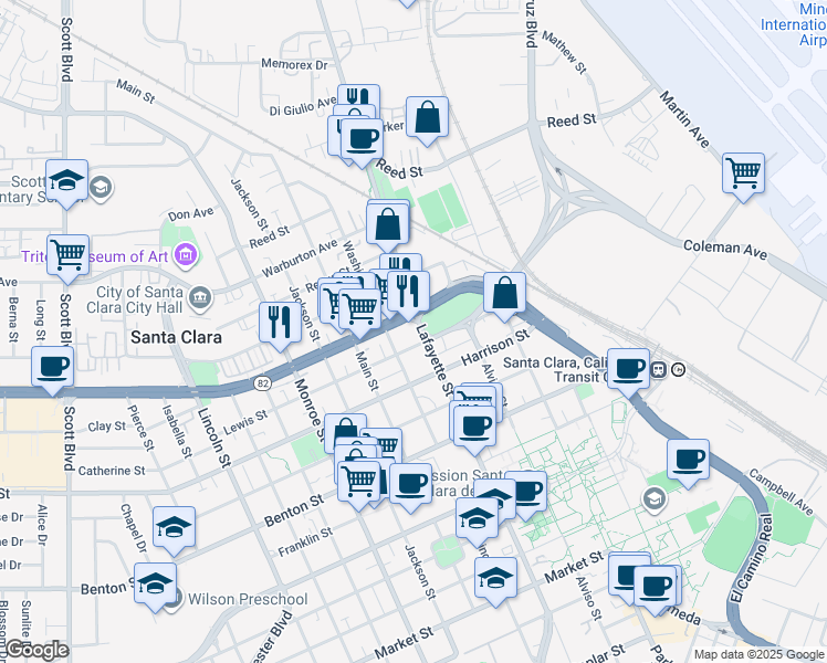 map of restaurants, bars, coffee shops, grocery stores, and more near 1425 Lafayette Street in Santa Clara