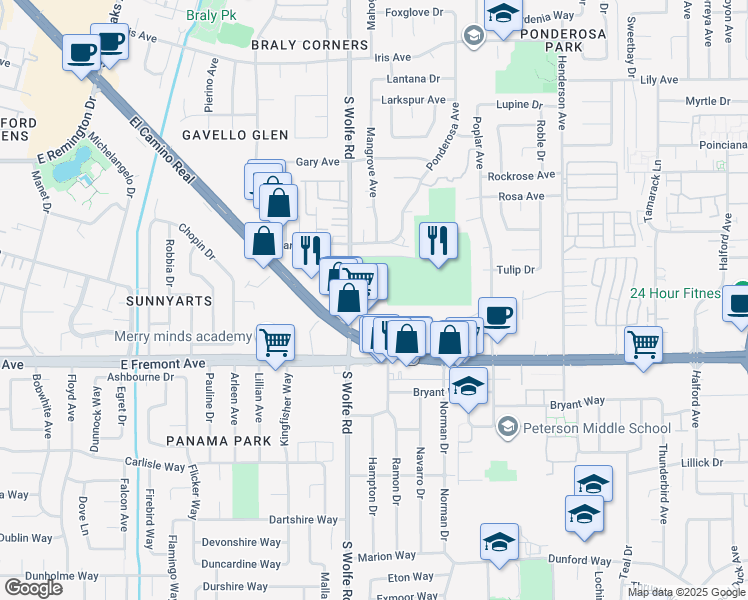 map of restaurants, bars, coffee shops, grocery stores, and more near 905 Sunrose Terrace in Sunnyvale