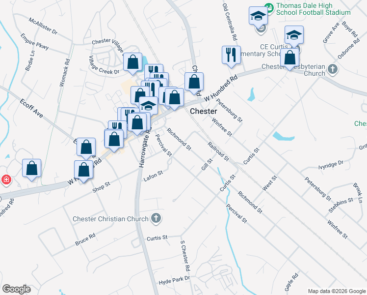 map of restaurants, bars, coffee shops, grocery stores, and more near 12200 Richmond Street in Chester
