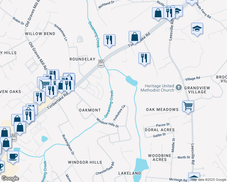 map of restaurants, bars, coffee shops, grocery stores, and more near 7502 Timberlake Road in Lynchburg