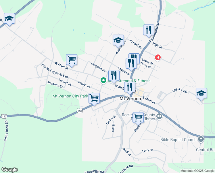 map of restaurants, bars, coffee shops, grocery stores, and more near 165 West Main Street in Mount Vernon