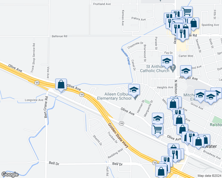 map of restaurants, bars, coffee shops, grocery stores, and more near 1209 Vine Street in Atwater
