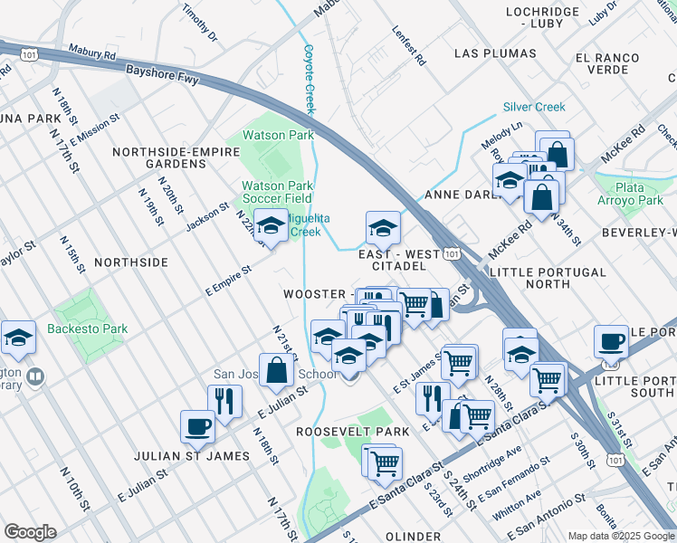 map of restaurants, bars, coffee shops, grocery stores, and more near 463 Wooster Avenue in San Jose