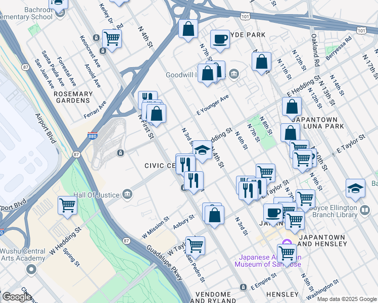 map of restaurants, bars, coffee shops, grocery stores, and more near 75 East Hedding Street in San Jose
