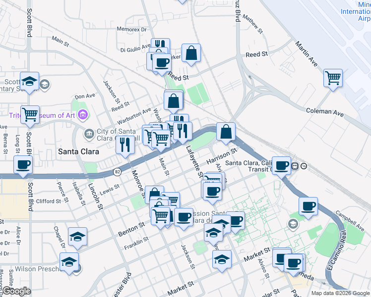 map of restaurants, bars, coffee shops, grocery stores, and more near 1425 Lafayette Street in Santa Clara