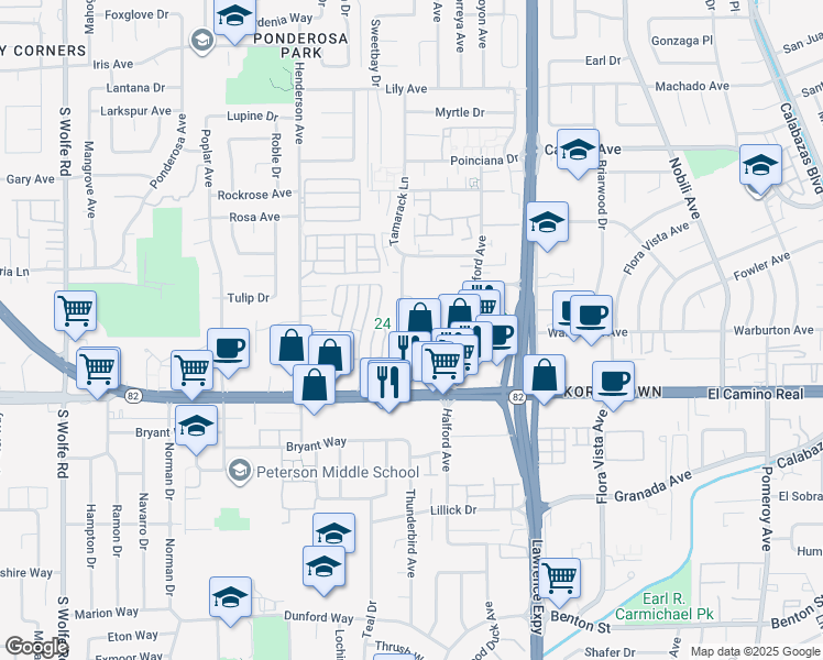 map of restaurants, bars, coffee shops, grocery stores, and more near 1004 Helen Avenue in Sunnyvale