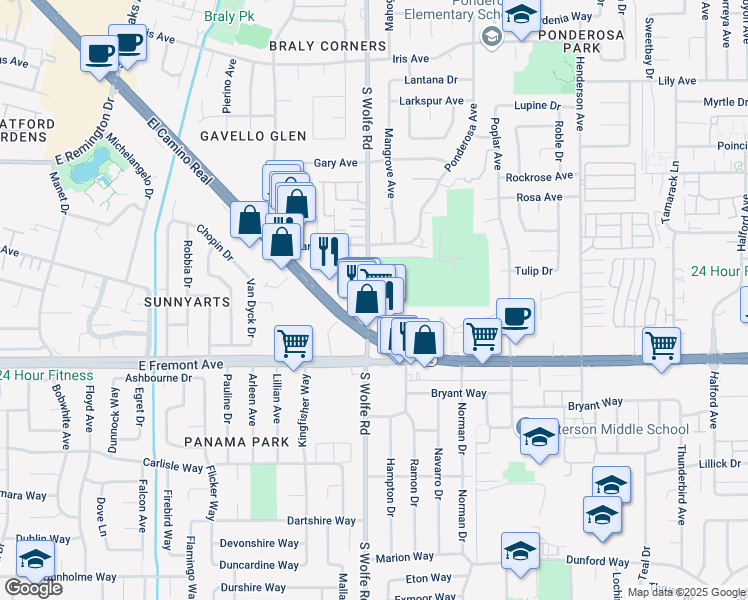 map of restaurants, bars, coffee shops, grocery stores, and more near 861 East El Camino Real in Sunnyvale