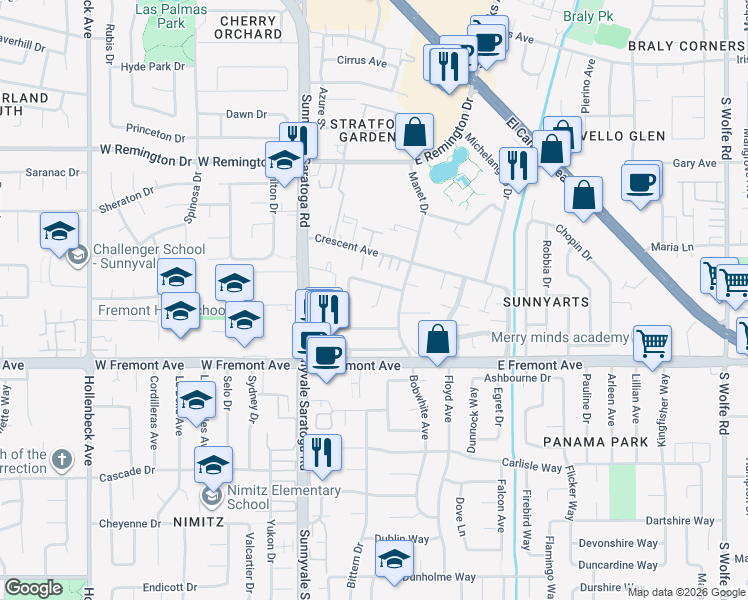 map of restaurants, bars, coffee shops, grocery stores, and more near 1241 Klee Court in Sunnyvale