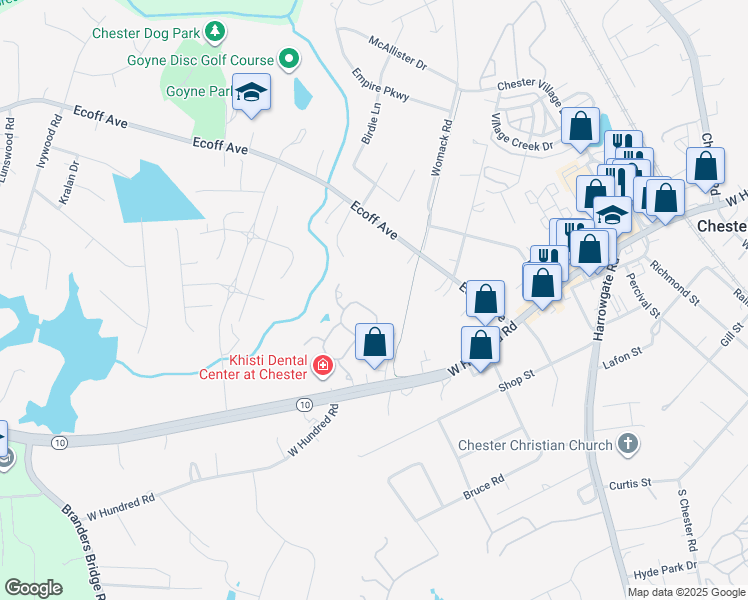 map of restaurants, bars, coffee shops, grocery stores, and more near 5000 Grand Oaks Forest Circle in Chester