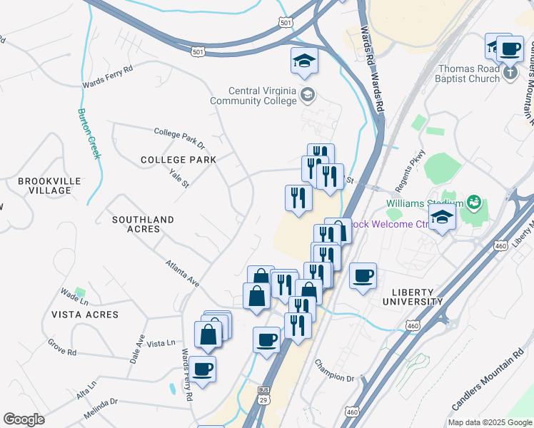 map of restaurants, bars, coffee shops, grocery stores, and more near 1603 Wards Ferry Road in Lynchburg