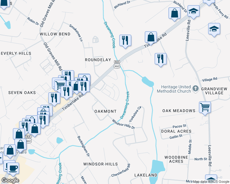 map of restaurants, bars, coffee shops, grocery stores, and more near 7612 Timberlake Road in Lynchburg