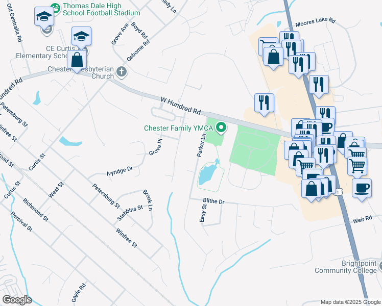 map of restaurants, bars, coffee shops, grocery stores, and more near 12312 Parker Lane in Chester