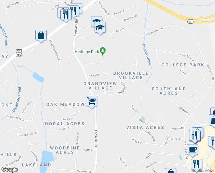 map of restaurants, bars, coffee shops, grocery stores, and more near 1016 Grand View Circle in Lynchburg