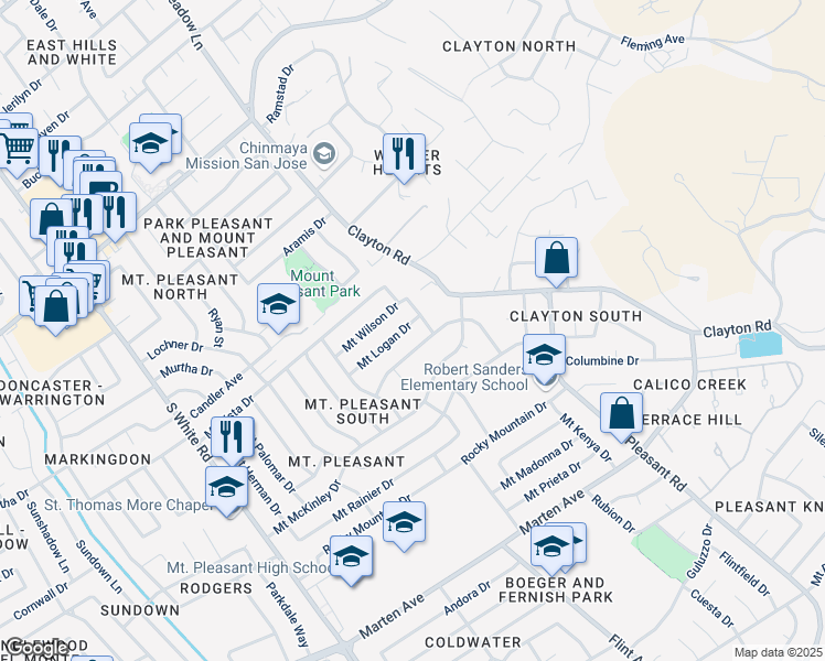 map of restaurants, bars, coffee shops, grocery stores, and more near 3378 Mount Logan Drive in San Jose